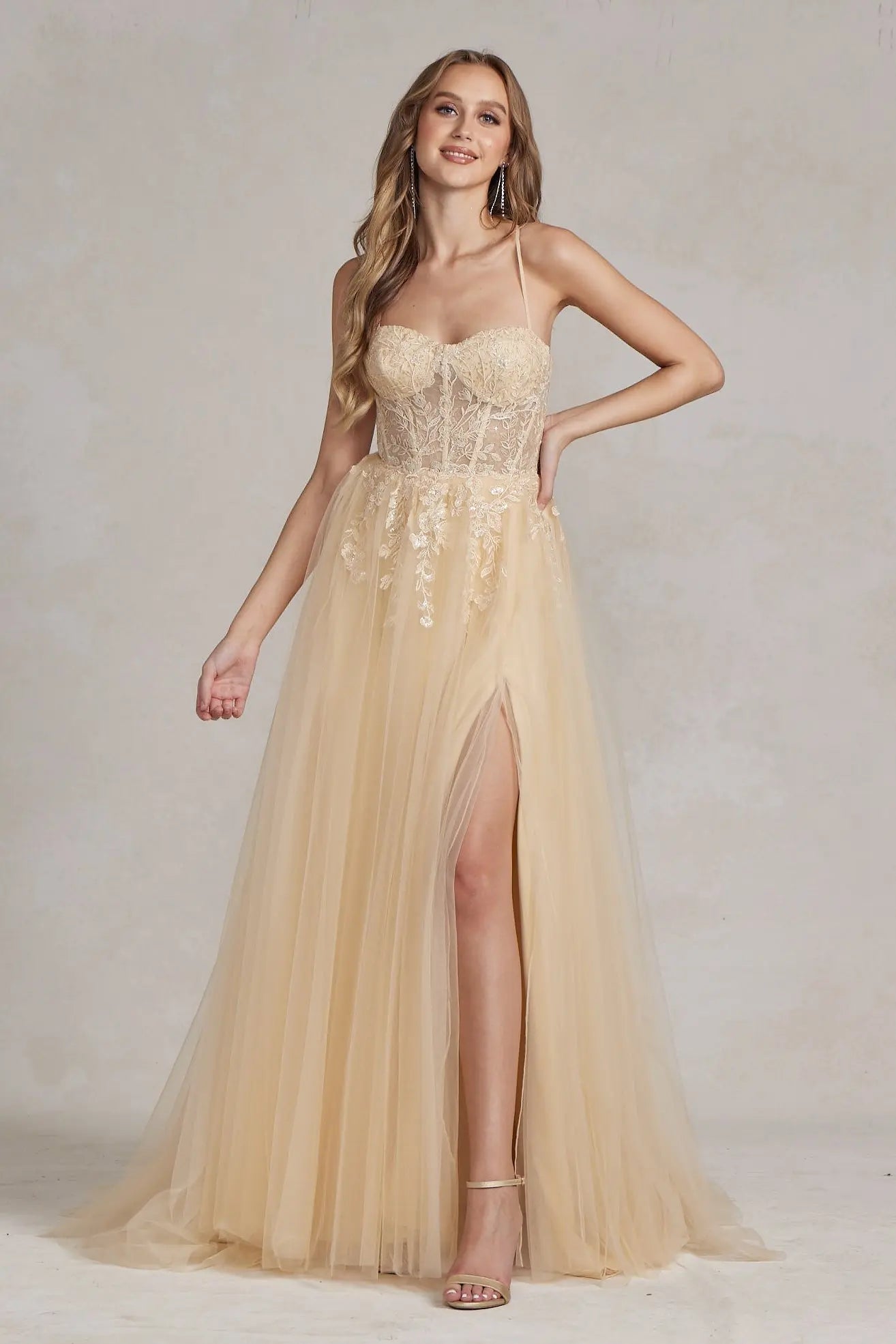 Embroidered Bodice Side Slit Tulle Skirt Long Prom Dress NXJ1089 NXAB