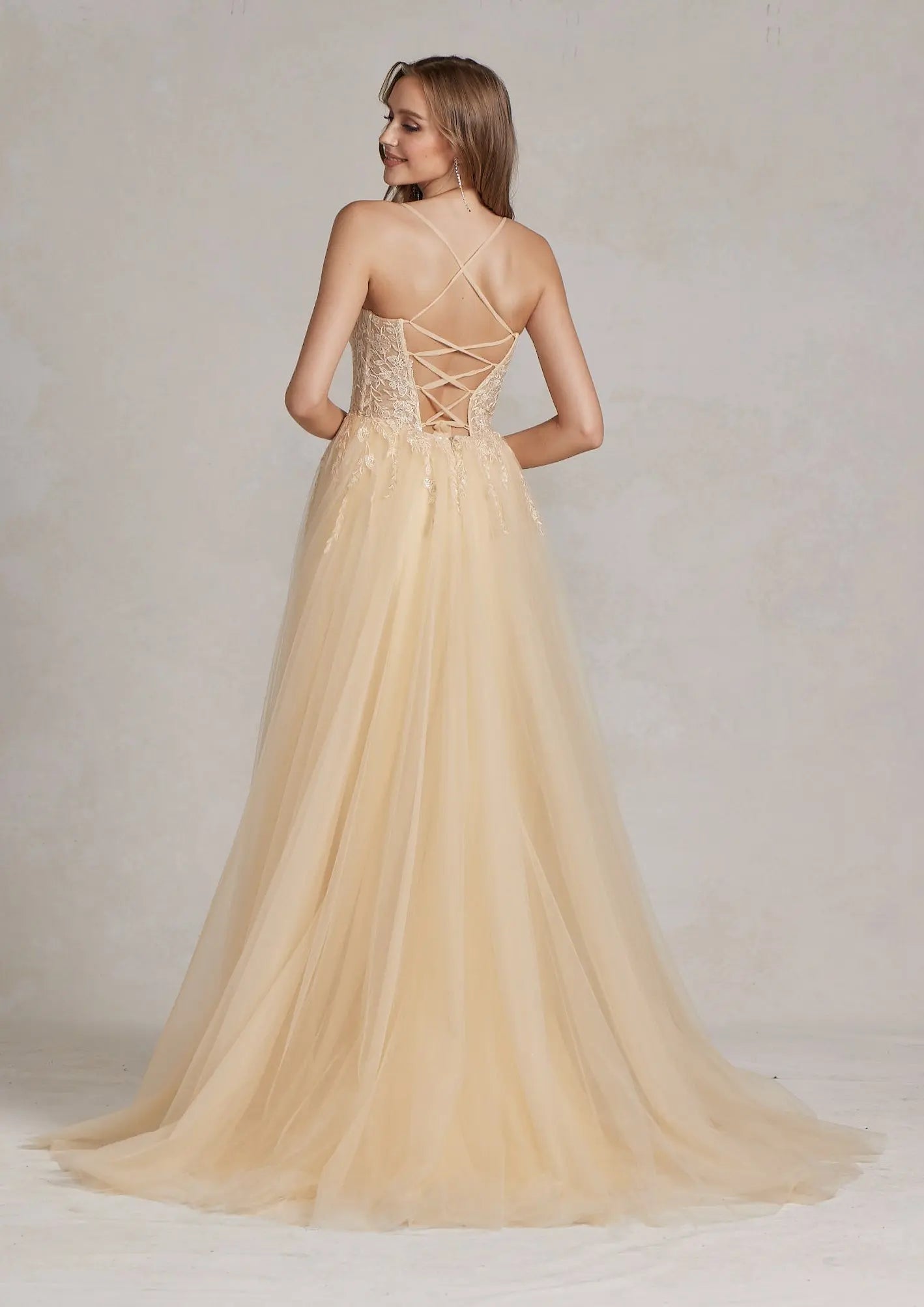 Embroidered Bodice Side Slit Tulle Skirt Long Prom Dress NXJ1089 NXAB