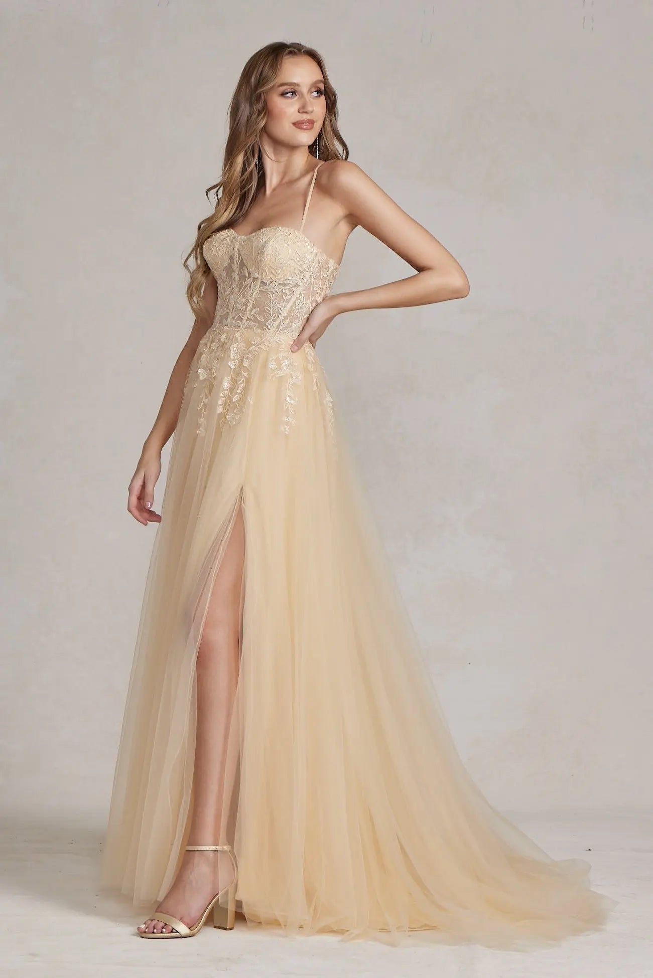 Embroidered Bodice Side Slit Tulle Skirt Long Prom Dress NXJ1089 NXAB