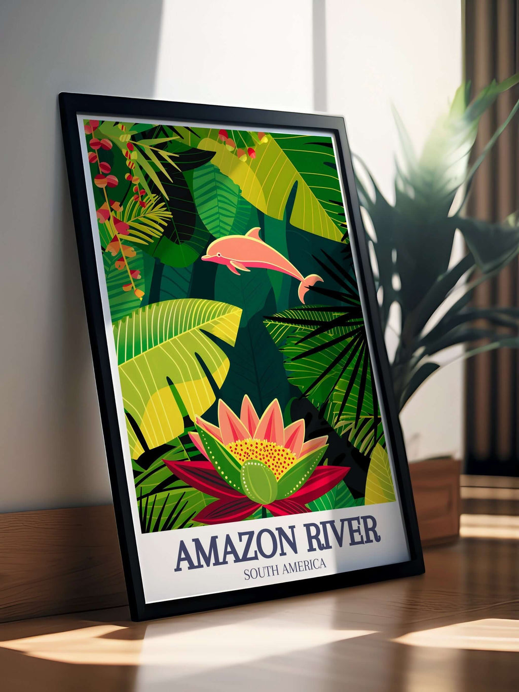Amazon River Art - Victoria Regia water lily and Amazon river dolphin Home Decor - Brazil Living Room Decor