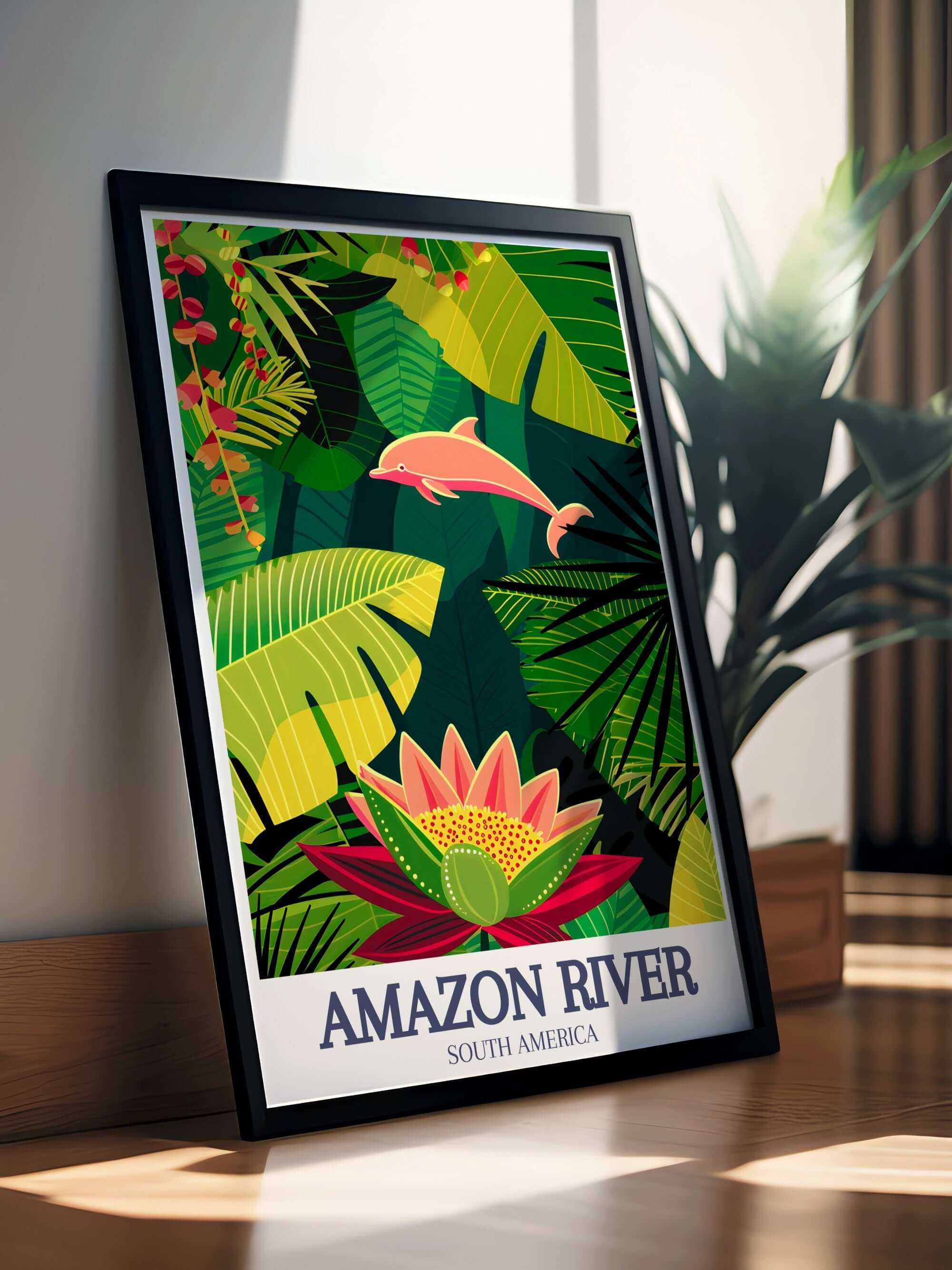Amazon River Art - Victoria Regia water lily and Amazon river dolphin Home Decor - Brazil Living Room Decor
