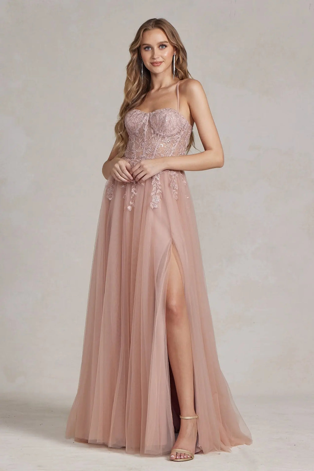Embroidered Bodice Side Slit Tulle Skirt Long Prom Dress NXJ1089 NXAB