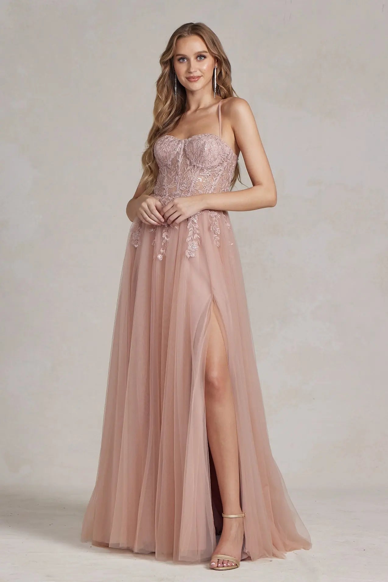 Embroidered Bodice Side Slit Tulle Skirt Long Prom Dress NXJ1089 NXAB