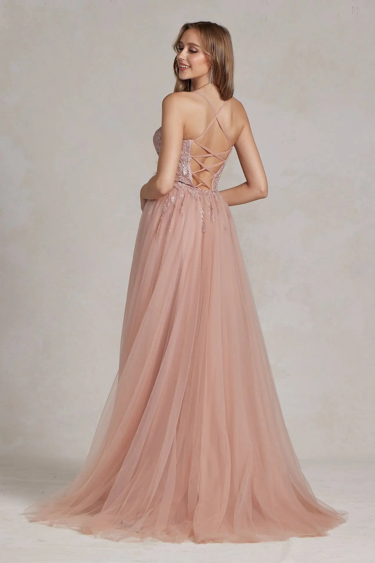 Embroidered Bodice Side Slit Tulle Skirt Long Prom Dress NXJ1089 NXAB