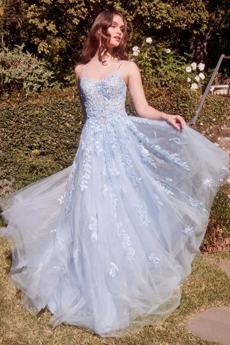 Light Blue 3D Floral Tulle Ball Gown with Sheer Corset Bodice CIND