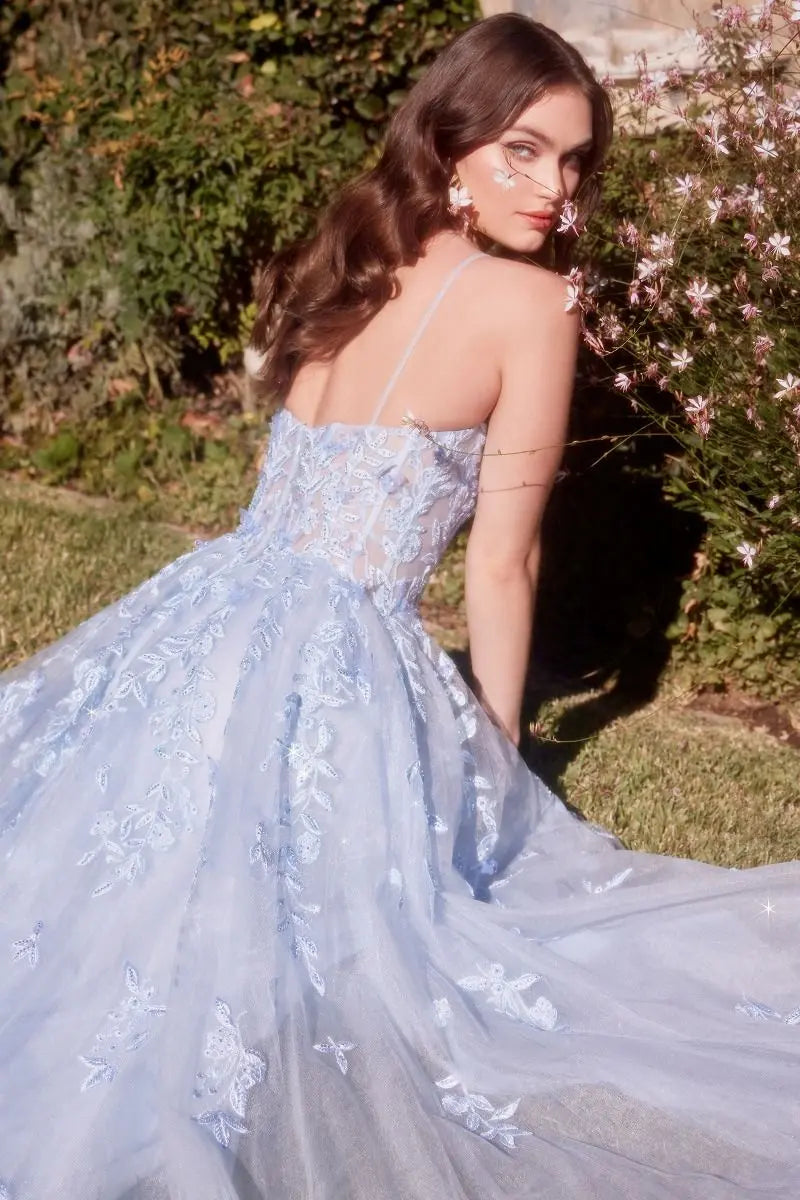 Light Blue 3D Floral Tulle Ball Gown with Sheer Corset Bodice CIND