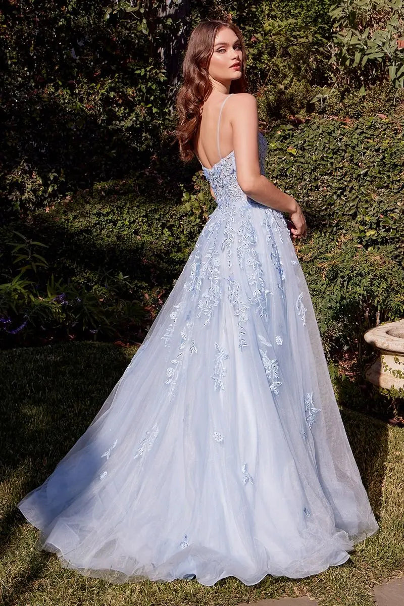 Light Blue 3D Floral Tulle Ball Gown with Sheer Corset Bodice CIND
