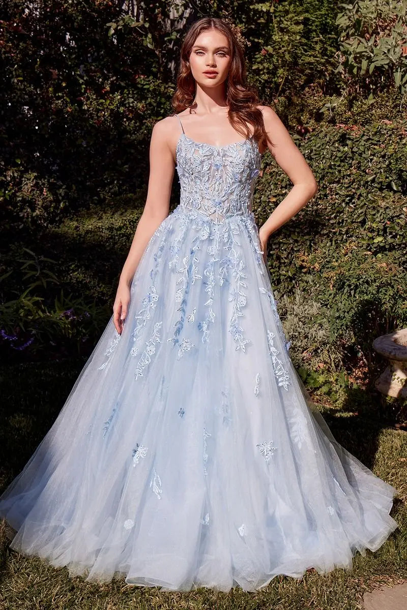 Light Blue 3D Floral Tulle Ball Gown with Sheer Corset Bodice CIND