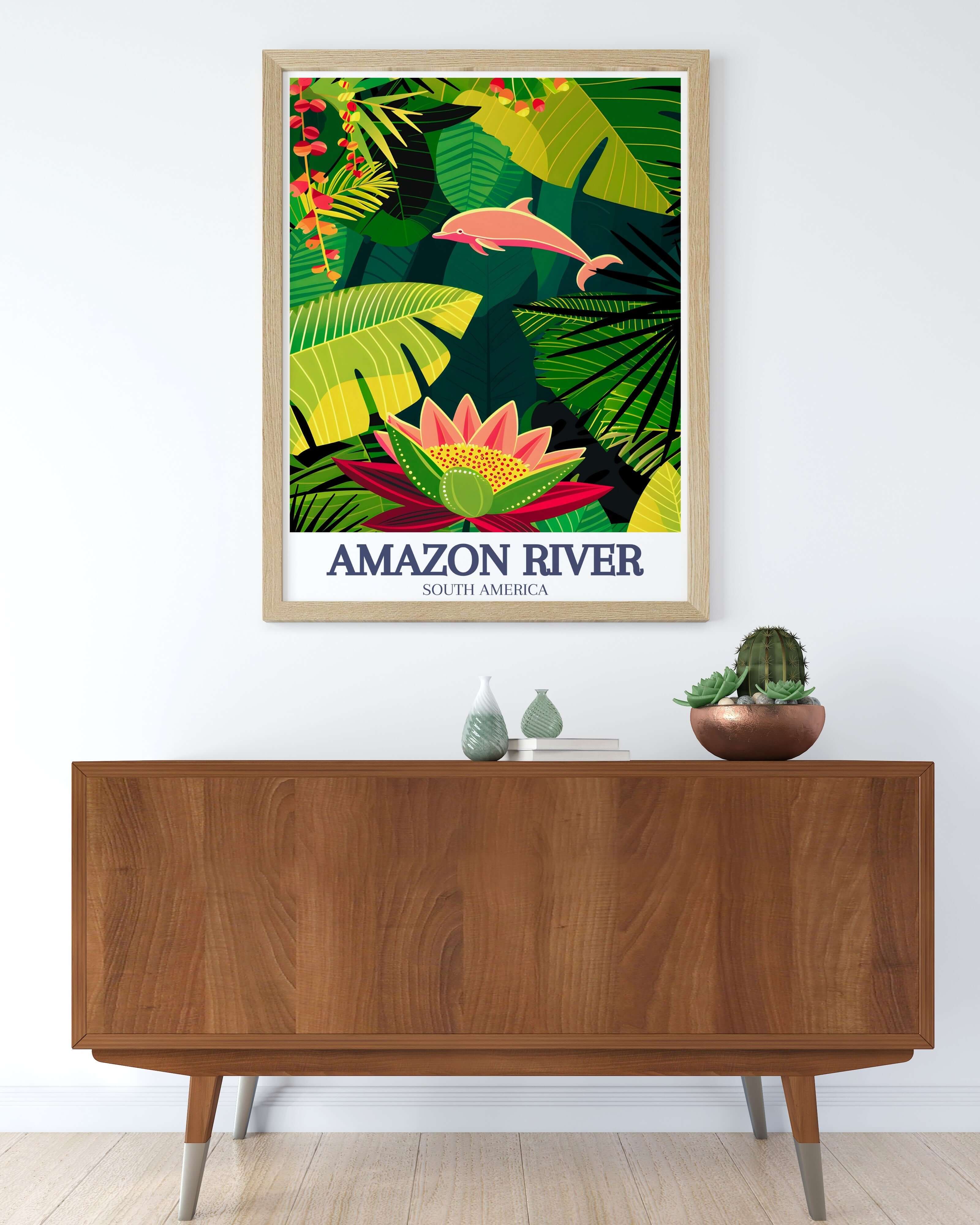 Amazon River Art - Victoria Regia water lily and Amazon river dolphin Home Decor - Brazil Living Room Decor