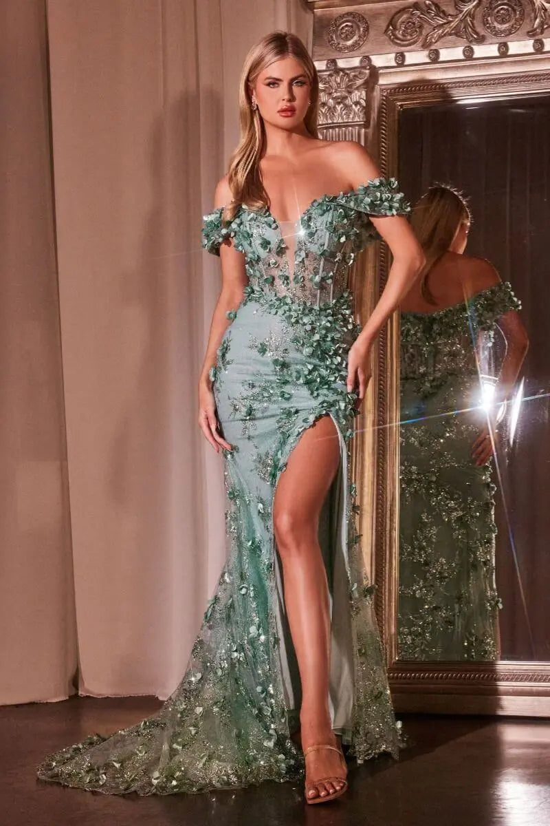 3D Floral Off-Shoulder Mermaid Side Slit Long Prom Dress CDCC2164 CIND