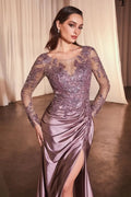 Long Stretch Satin Special Occasion Gown w/ Floral Lace Embroidery & Gathered Waistline CDS505 CIND