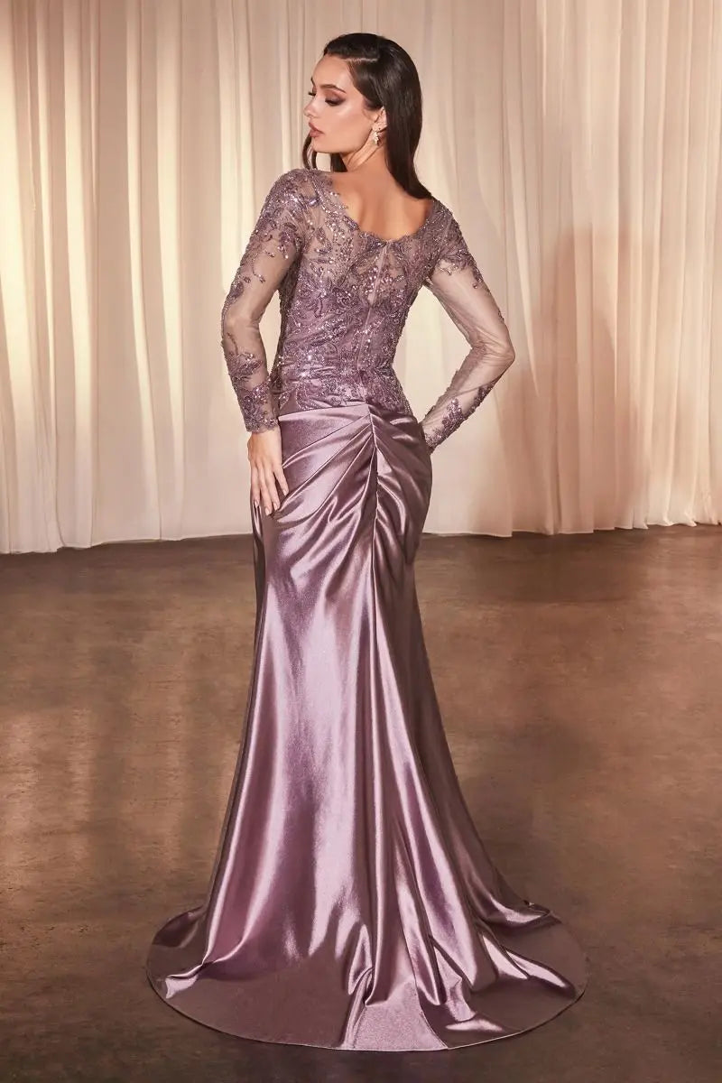 Long Stretch Satin Special Occasion Gown w/ Floral Lace Embroidery & Gathered Waistline CDS505 CIND