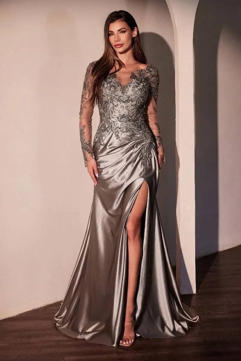 Long Stretch Satin Special Occasion Gown w/ Floral Lace Embroidery & Gathered Waistline CDS505 CIND