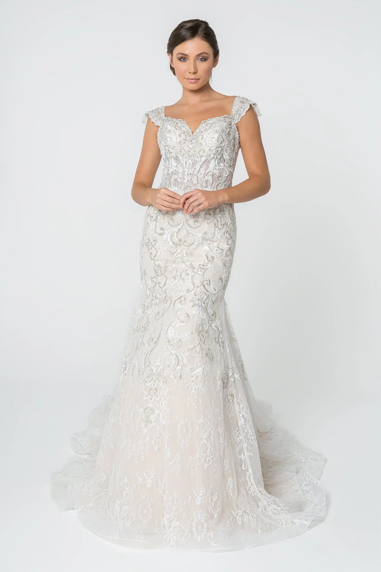 Jewel and Embroidery Embellished Mesh Long Wedding Dress GLGL2822 GLSC