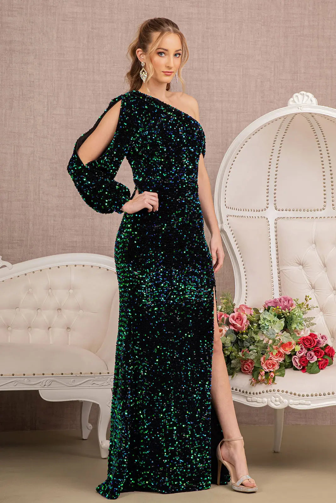 Sequin Asymmetric Velvet Festive Mermaid Gown w/ One Long Puff Sleeve  GLGL3159 GLSC