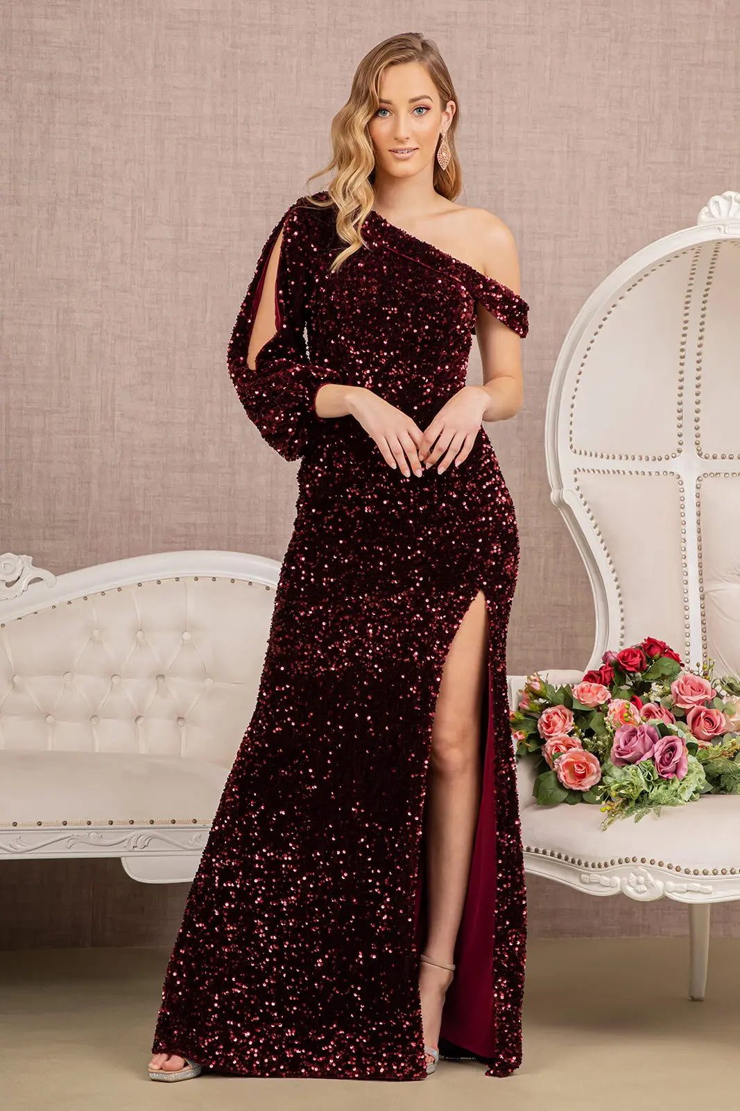 Sequin Asymmetric Velvet Festive Mermaid Gown w/ One Long Puff Sleeve  GLGL3159 GLSC