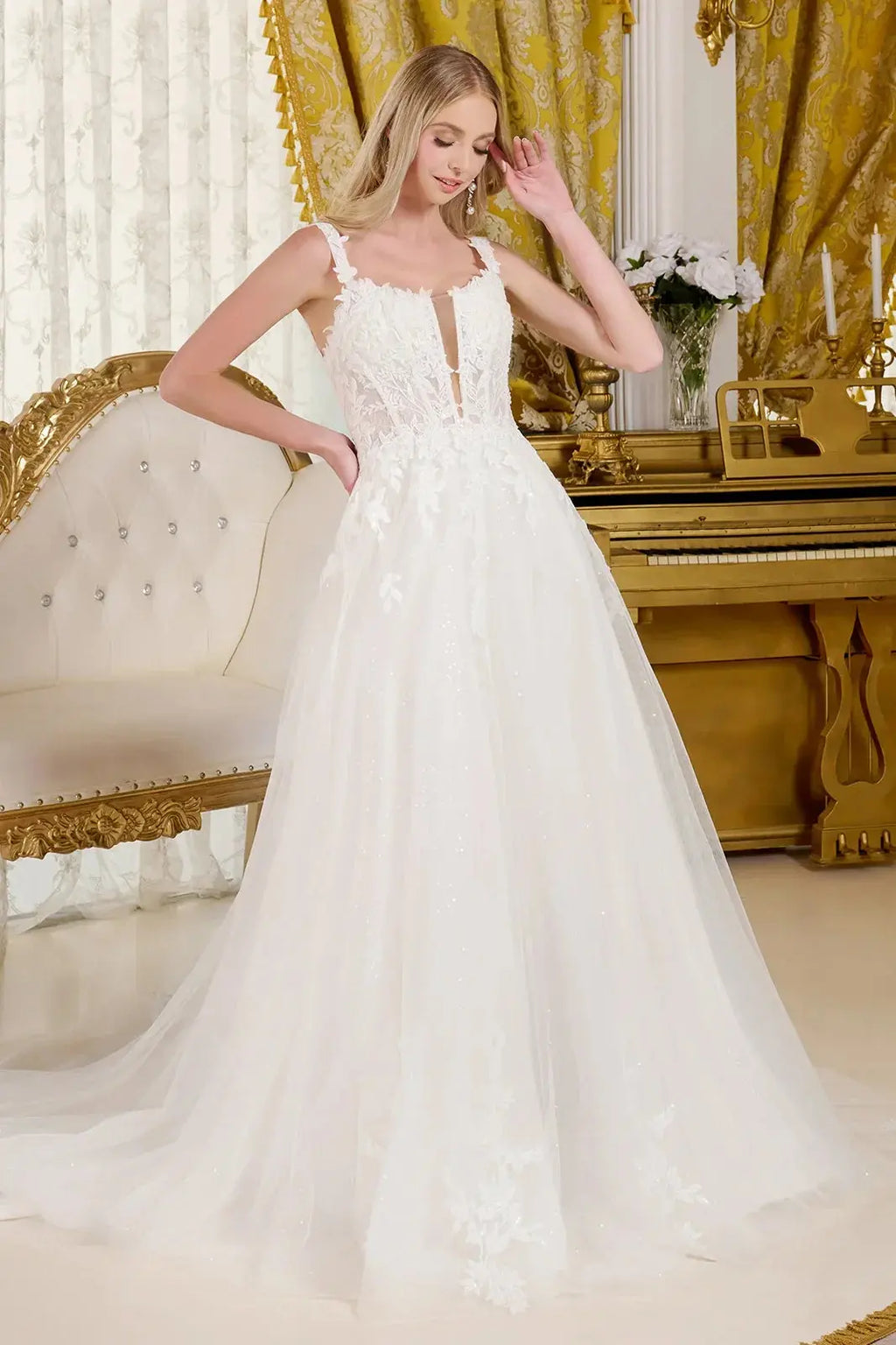 Embellished shoulder straps lace underlayer bodice sequin netting underlayer a line wedding gown GLGL3662 GLSC