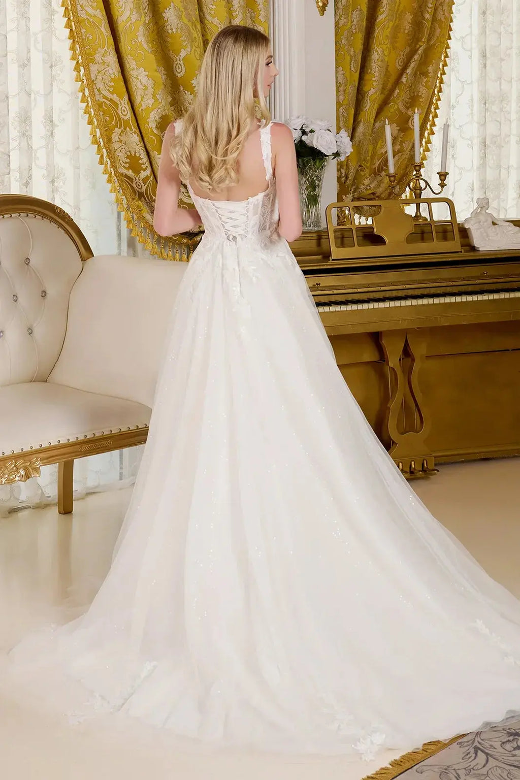 Embellished shoulder straps lace underlayer bodice sequin netting underlayer a line wedding gown GLGL3662 GLSC