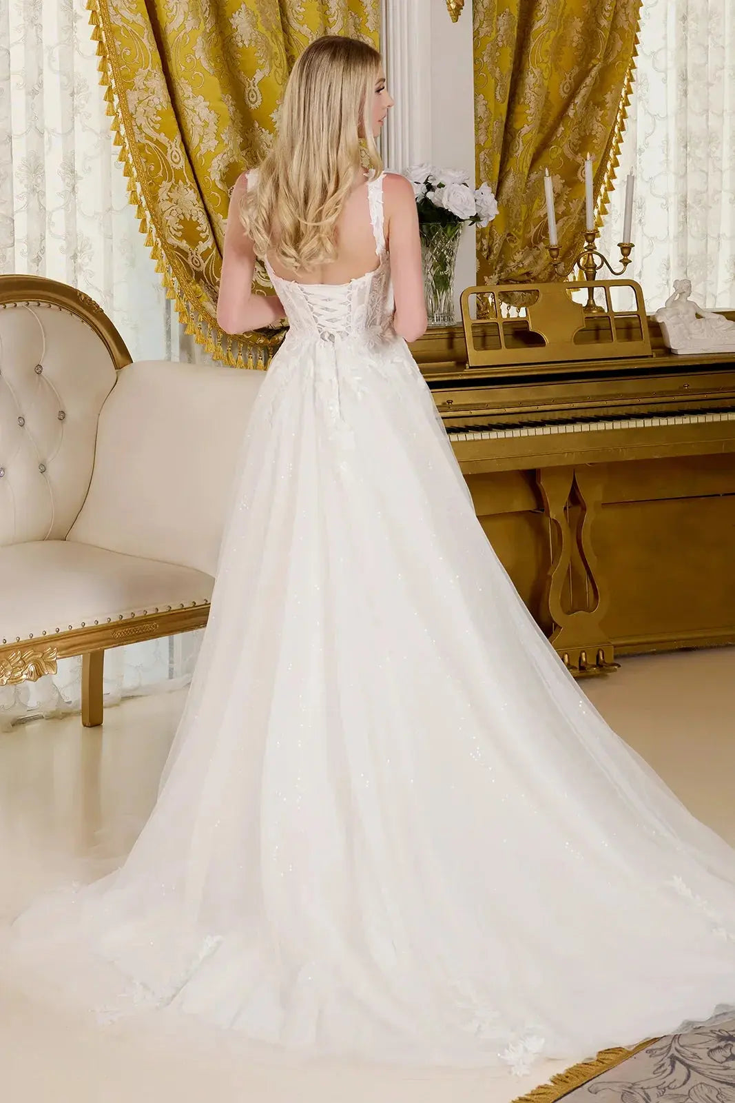 Embellished shoulder straps lace underlayer bodice sequin netting underlayer a line wedding gown GLGL3662 GLSC