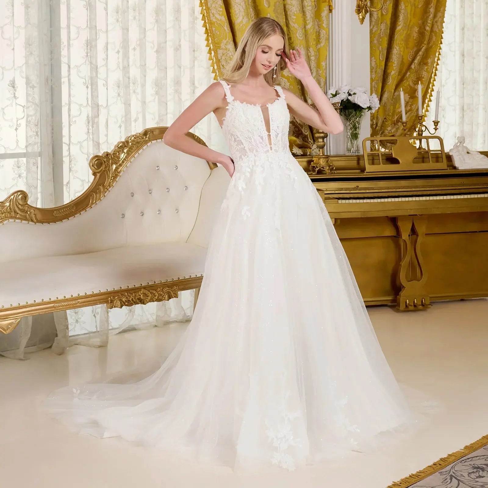 Embellished shoulder straps lace underlayer bodice sequin netting underlayer a line wedding gown GLGL3662 GLSC