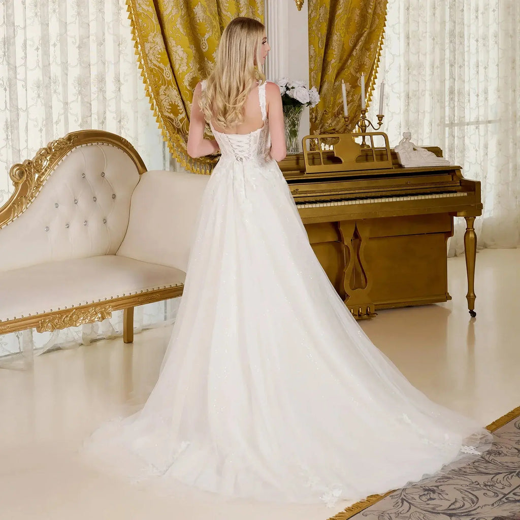 Embellished shoulder straps lace underlayer bodice sequin netting underlayer a line wedding gown GLGL3662 GLSC