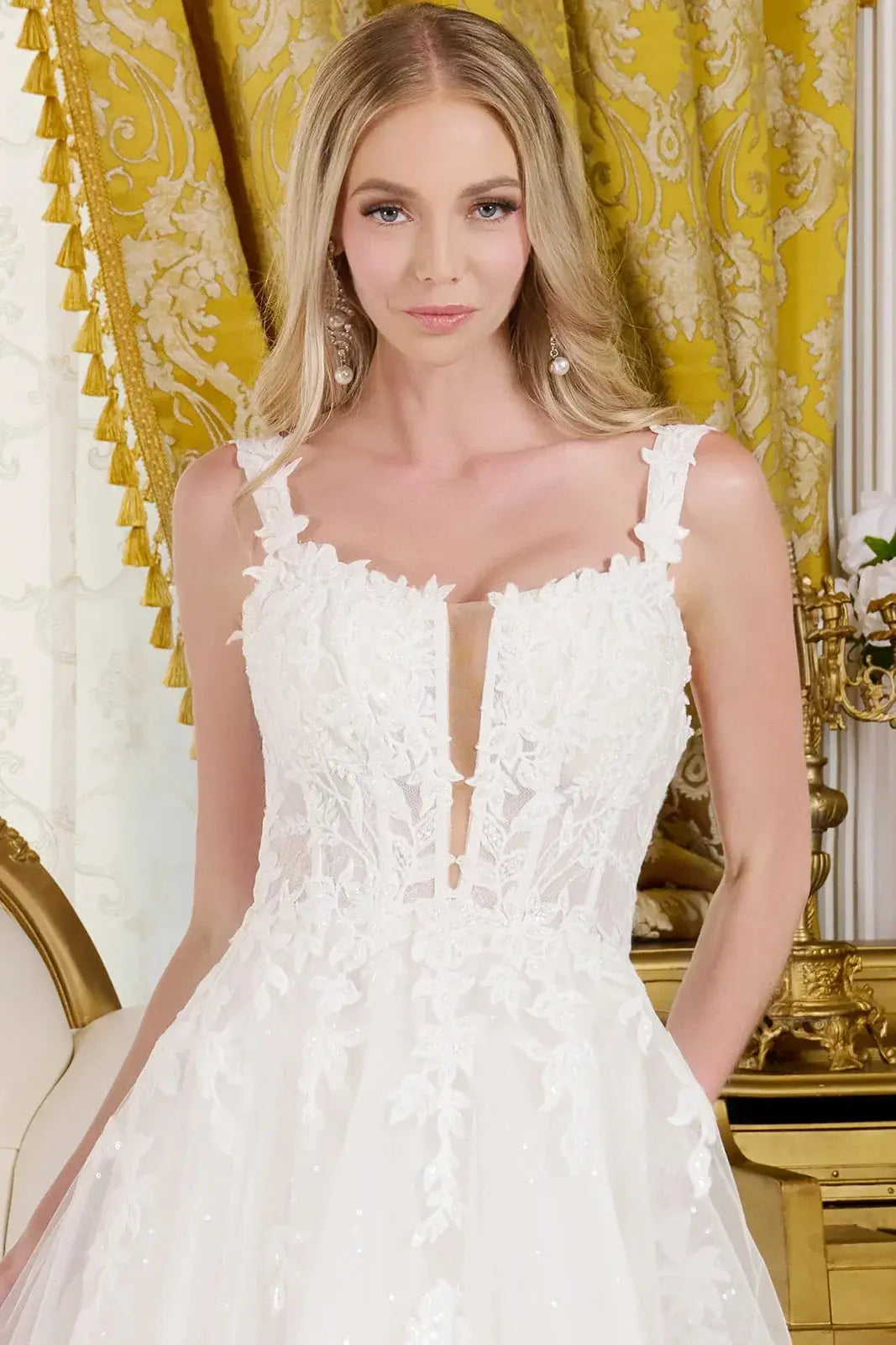 Embellished shoulder straps lace underlayer bodice sequin netting underlayer a line wedding gown GLGL3662 GLSC